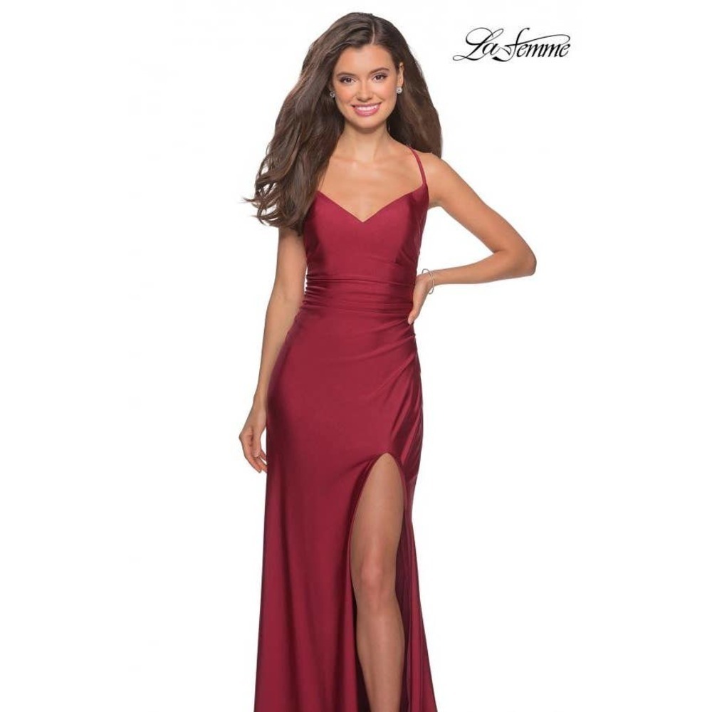 La Femme Burgundy Long Criss Cross Back Dress 28206 Size 2 Nwt